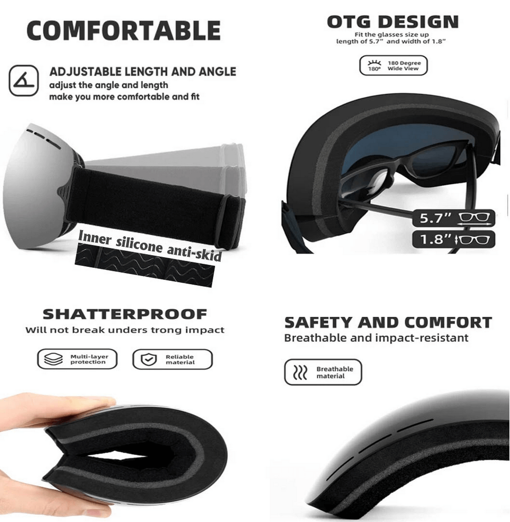 Sleek ski goggles features: adjustable fit, OTG design, shatterproof, breathable impact-resistant material for ultimate comfort.
